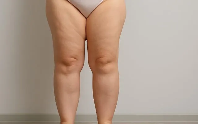 Piernas con acumulación adiposa desproporcionada y manguito en tobillos, signos visuales frecuentes de lipedema.