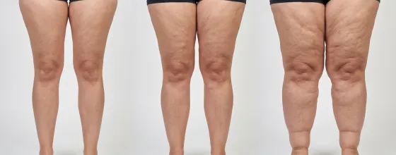 Etapas clínicas del lipedema y distribución típica en extremidades.